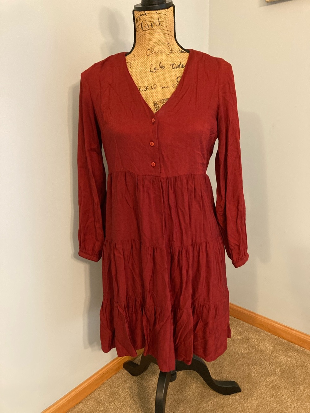 Mohito V-Neck Tiered Long Sleeve Mini Dress Burgundy Red Women Size 36 US 4